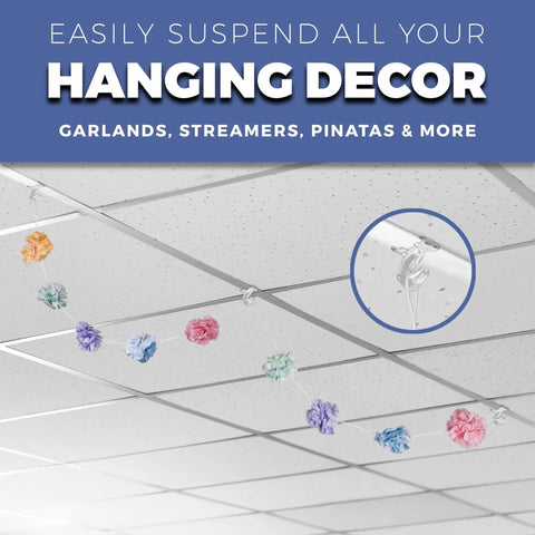 Crystal Clear Hinged Polycarbonate Ceiling Hooks For Drop Ceiling T-Bars Pack Of 100 Holds Up To 15 Lbs 1 In W By 1.5 In H Easy Swing Open Lock For Secure Hanging, showing hook detail and decor suspension on grid ceiling