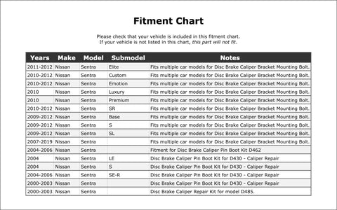 Fitment chart for Front Disc Brake Caliper Pin Kit Fits Sentra 2000 Through 2019 Front Caliper Hardware Replacement OE Quality