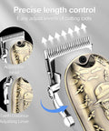 All In One Men's Hair Clipper Set With LED Display showing adjustable head and teeth distance lever in detailed gold design