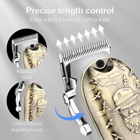 All In One Men's Hair Clipper Set With LED Display showing adjustable head and teeth distance lever in detailed gold design