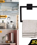 Matte Black 7-Piece Bathroom Accessories Set with Square Towel Rack shown in kitchen, bathroom, sink settings