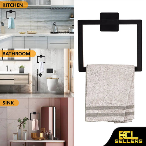 Matte Black 7-Piece Bathroom Accessories Set with Square Towel Rack shown in kitchen, bathroom, sink settings