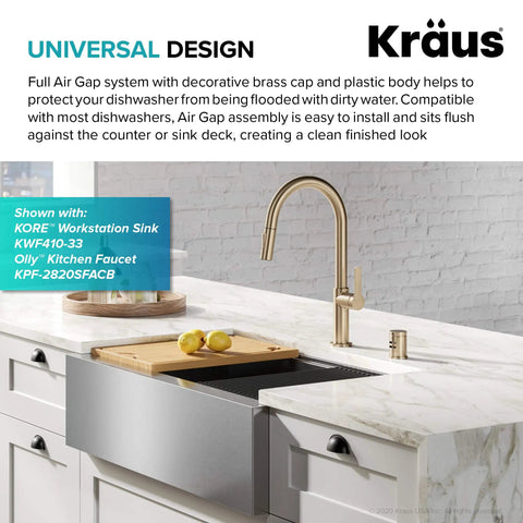 Dishwasher Air Gap In Brushed Gold Kit That Prevents Backflow And Keeps Dishes Clean No Nonsense Installation 9 Inch Overall Height Durable Air Gap Kit Included For Easy Kitchen Setup displayed on a kitchen counter with a marble finish and modern faucet.