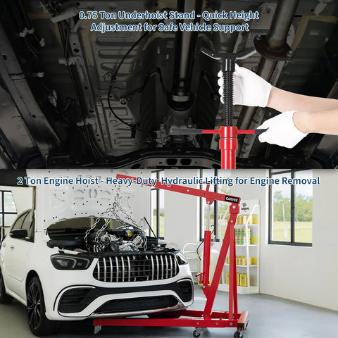 Built Different 2 Ton Folding Engine Hoist Paired With 3 4 Ton Under Hoist Support Stand Featuring Adjustable Boom and Rust Resistant Coating For Real Garage Hustle in use.