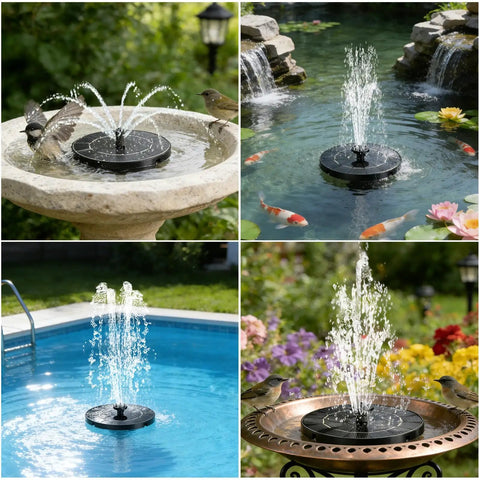 Floating Solar Fountain With 3.5W Panel Six Spray Nozzles And Four Fixed Rods Auto On In Direct Sunlight No Power Cord Needed Easy Setup For Bird Bath Pond Garden Or Pool Outdoor Decor in different settings.