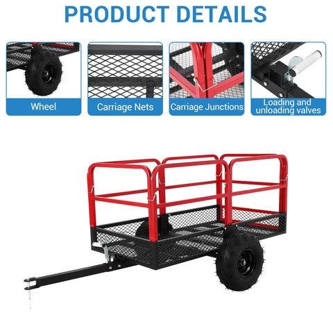 Heavy Duty 1500 Lbs Dump Trailer With 22 Cu Ft Bed And All Terrain Pneumatic Tires featuring steel mesh bed and red frame details.