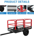 Built Tough Heavy Duty Dump Trailer With 1500 Lbs Capacity And 22 Cu Ft Pull Behind Utility Cart For Lawn Mower Tractor ATV UTV Steel Dump Bed On Two Wheels Black And Red with product details focus on wheels, carriage nets, and junctions.