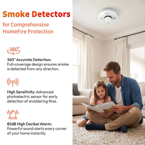 Battery Operated Home Fire Alarm With Test Button And Low Battery Alert 10 Year Photoelectric Sensor Core For Smoldering Fires In Furniture Reliable Household Safety Detector For Easy Install And Peace of Mind installed on ceiling in living room
