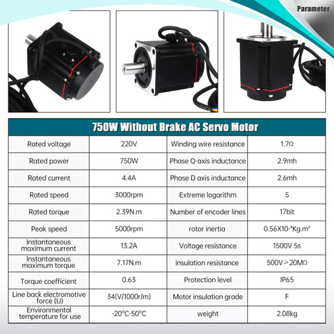 AC Servo Motor Kit 220V 3000RPM With 17 Bit Encoder RS485 Driver Controller For CNC Machines 750W Without Brake IP65