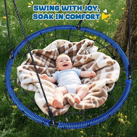 Heavy Duty 40 Inch Spider Web Saucer Tree Swing For Kids And Adults Outdoor Net Swing With Included Straps 750 Pound Capacity Blue Patented Design For Backyard Fun with baby resting comfortably in the swing
