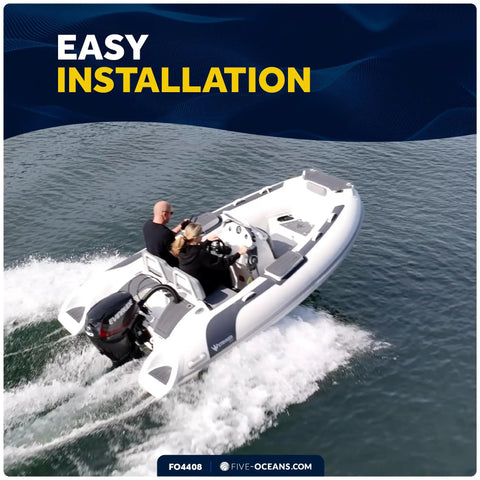 Boat on water demonstrating brass one quarter inch NPT male fuel tank connector use for Yamaha and Mercury engines