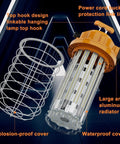 Beast Bright 150W LED Temporary Work Light With 24000 Lumen Daylight White 5000K IP64 Dust And Waterproof Stainless Steel Protective Cover For High Bay Construction Jobsite And Workshop Lighting shown with protective cover and power cord.