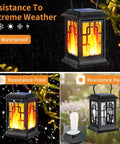 Waterproof Solar Lanterns For Garden And Patio in rain, frost, and heat with flickering flame effect, showcasing durability.