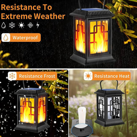 Waterproof Solar Lanterns For Garden And Patio in rain, frost, and heat with flickering flame effect, showcasing durability.
