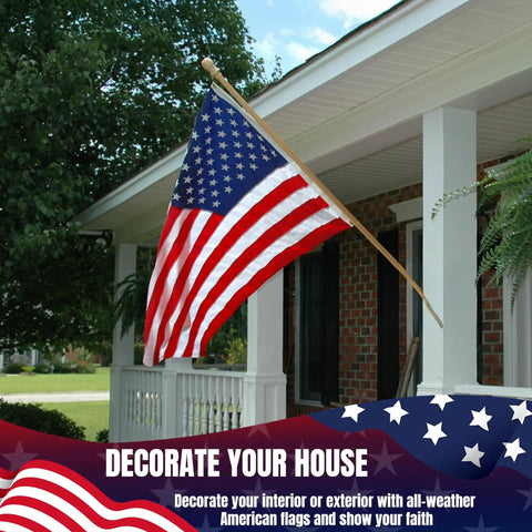 Ultra Durable 3x5 Outdoor US Flag Made From Nylon With Embroidered Stars, Sewn Stripes, displayed on a porch with brass grommets