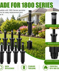 Adjustable Sprinkler Heads 8 Pack For Lawns And Gardens No Sweat Setup Full Circle Rotating Arc Covers Nine To Twenty Feet Compatible With Standard Watering Systems Smooth Operator Action For Effortless Yard Irrigation displayed in garden setting, featuring 1800 Series compatibility.
