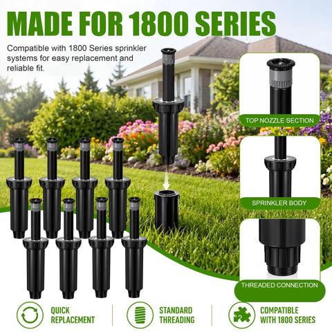 Adjustable Sprinkler Heads 8 Pack For Lawns And Gardens No Sweat Setup Full Circle Rotating Arc Covers Nine To Twenty Feet Compatible With Standard Watering Systems Smooth Operator Action For Effortless Yard Irrigation displayed in garden setting, featuring 1800 Series compatibility.