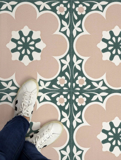 Person standing on Pink Daphne Floral Peel And Stick Vinyl Floor Tiles 12x12 Inches Set Of 10 Easy No Mess Install Water Resistant