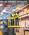 Forklift safety cage 36x36 in, yellow, 1200 lb capacity; two workers on platform in a warehouse.