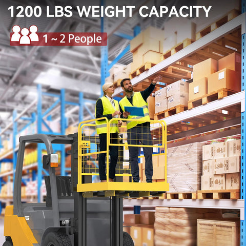 Forklift safety cage 36x36 in, yellow, 1200 lb capacity; two workers on platform in a warehouse.
