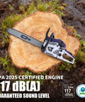 Heavy Duty Gas Chainsaw With 61.5cc Two-Stroke Engine Delivers 3.8HP, Quick Start System, on a tree stump outdoors