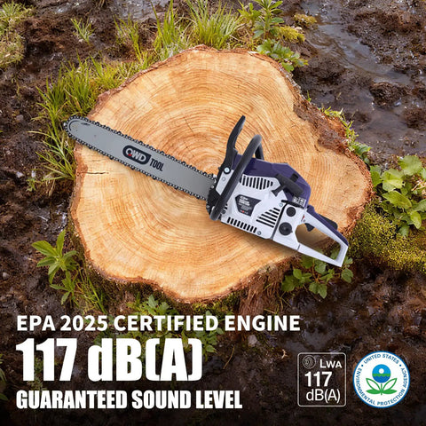 Heavy Duty Gas Chainsaw With 61.5cc Two-Stroke Engine Delivers 3.8HP, Quick Start System, on a tree stump outdoors