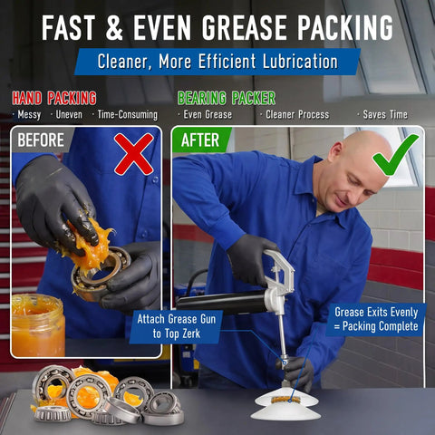 Comparison of messy hand packing versus Wheel Bearing Grease Packer Tool For Fast Mess Free Lubrication of bearings