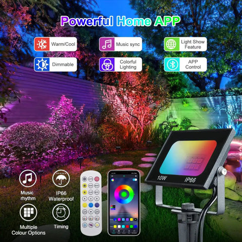 10W RGBIC Lit Color Changing Landscape Light With App And Remote Control in use, illuminating a garden with vibrant colors