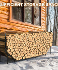 Beefy 5.9ft Firewood Rack Holder with stacked logs beside a wooden cabin in snowy outdoor setting