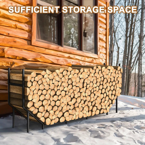 Beefy 5.9ft Firewood Rack Holder with stacked logs beside a wooden cabin in snowy outdoor setting
