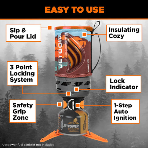 Flash 1.0L Portable Fast Boil Stove for Camping and Backpacking with One Step Auto Ignition, features highlighted.