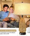 Set Of 2 Rattan Table Lamps With USB Ports, coastal woven lamp with cream shade in living room setting next to couple and diffuser