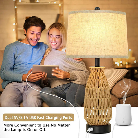 Set Of 2 Rattan Table Lamps With USB Ports, coastal woven lamp with cream shade in living room setting next to couple and diffuser