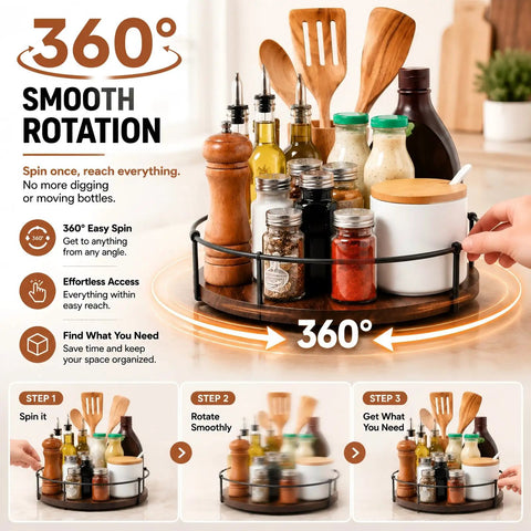 Sweetly Spinning 10 Inch Lazy Susan Turntable Organizer For Kitchen Counters Cabinets And Pantries with 360 rotation and spice jars.