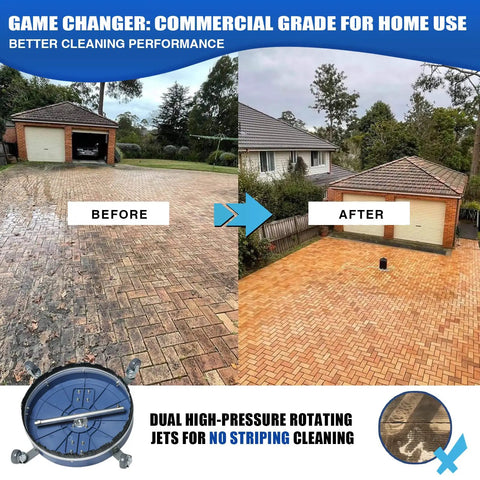 Beast Mode Twenty-Inch Pressure Washer Surface Cleaner With Wheels, 4500 PSI Attachment cleaning driveway before and after