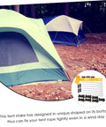 Image of Heavy Duty Tent Stakes Ground Nails Kit with colorful tents, showing stakes, ropes, and hammer setup for camping.