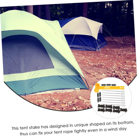 Image of Heavy Duty Tent Stakes Ground Nails Kit with colorful tents, showing stakes, ropes, and hammer setup for camping.