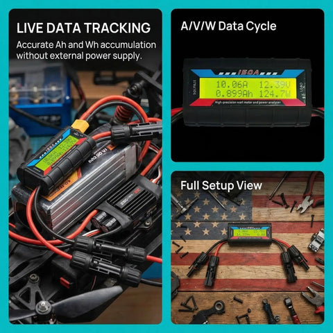 150A RC Watt Meter And Power Analyzer For Solar Wind Turbine Battery Testing delivers clear live data tracking of energy flow.