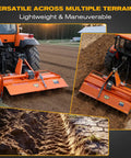 Lightweight 49 Inch Three Point Rotary Tiller for Category 1 Tractors on field, showing rear and close-up soil result