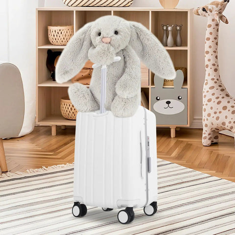 Underseat Carry On Luggage For Kids With Wheels TSA Approved Ride On Suitcase in playroom with plush toy on top