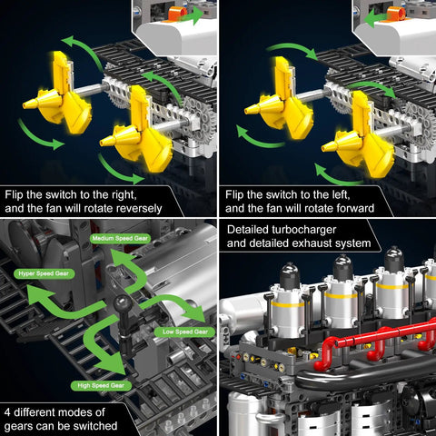 Aircraft Carrier Engine Building Set With Intelligent Chip Drive That Runs, showing gear modes and engine details.