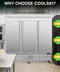 Straight Up Heavy Duty 72 Cu Ft Three Door Reach In Upright Commercial Freezer in a kitchen setting with adjustable shelves.