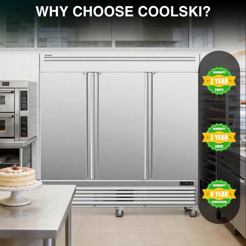 Straight Up Reliable Commercial Reach In Refrigerator 82 Inch Tall Three Solid Door Upright Cooler With Cubigel Compressor in a kitchen.