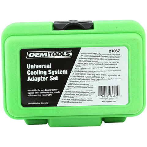 Universal Cooling System Adapter Kit For Radiator Pressure Testing in green plastic case
