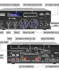 Front and rear view of BT398A Stereo Amplifier Receiver With Bluetooth USB SD FM Radio Optical And Coaxial Inputs
