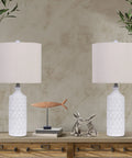 White Ceramic Table Lamps Set Of 2 For Living Room And Bedroom, with drum lampshades, wave relief bases, 24.25 inch tall