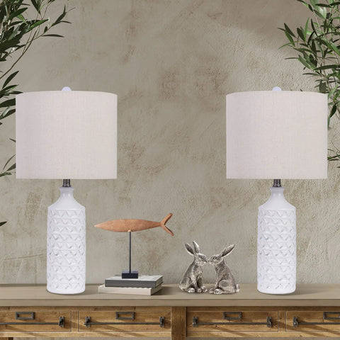White Ceramic Table Lamps Set Of 2 For Living Room And Bedroom, with drum lampshades, wave relief bases, 24.25 inch tall