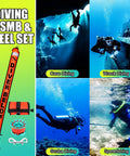 Must Have High Visibility Surface Marker Buoy Set With 5 Foot Open Bottom Safety Sausage displayed with diving activities.