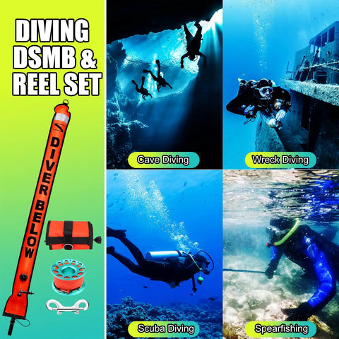 Must Have High Visibility Surface Marker Buoy Set With 5 Foot Open Bottom Safety Sausage displayed with diving activities.