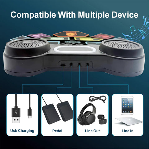 9-Pad Roll-Up Electronic Drum Set With Portable Silicone Pads, 2 Pedals, Built-In Speakers showing connectivity options